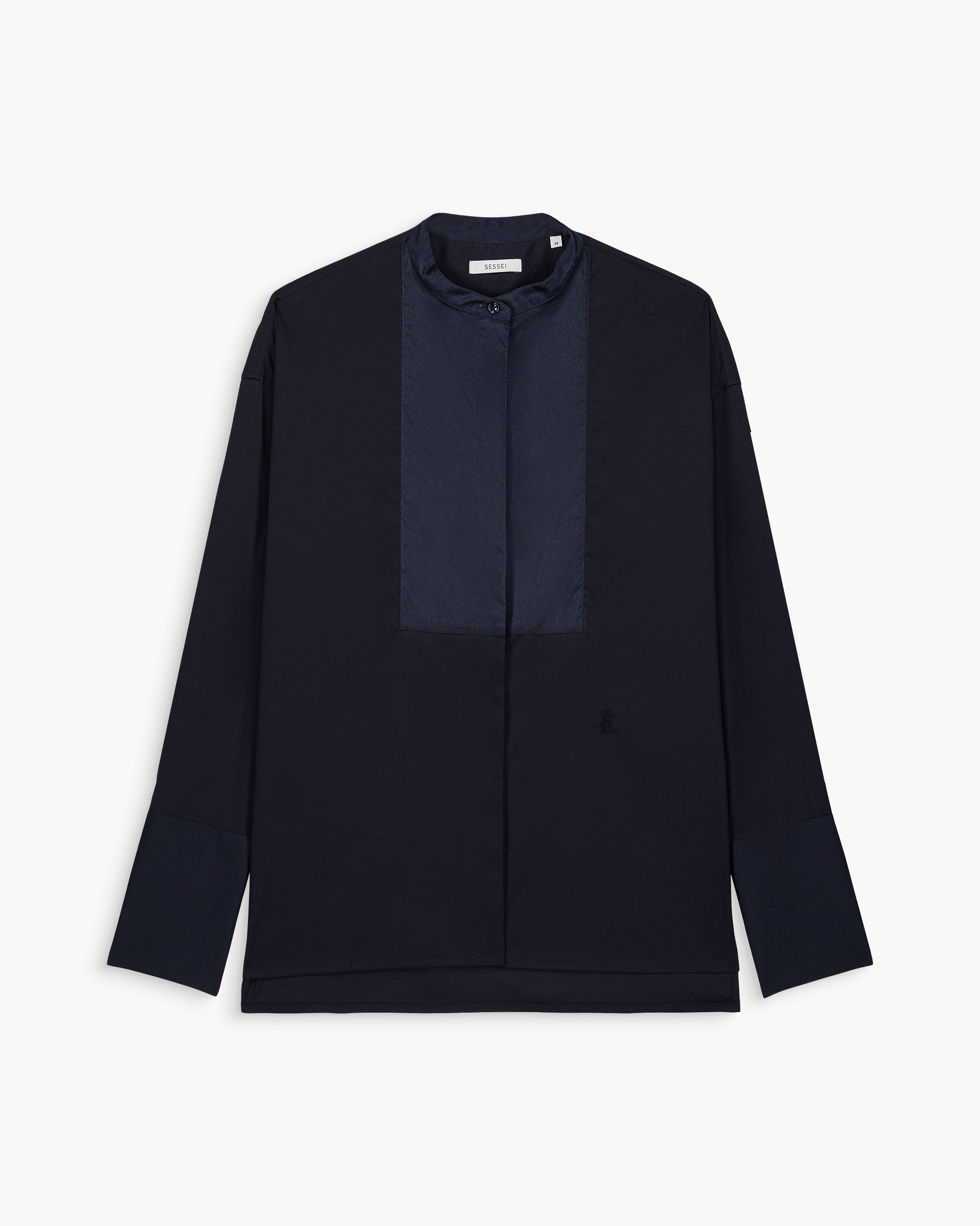 Bianca Navy Cotton Poplin Shirt with Textured Bib