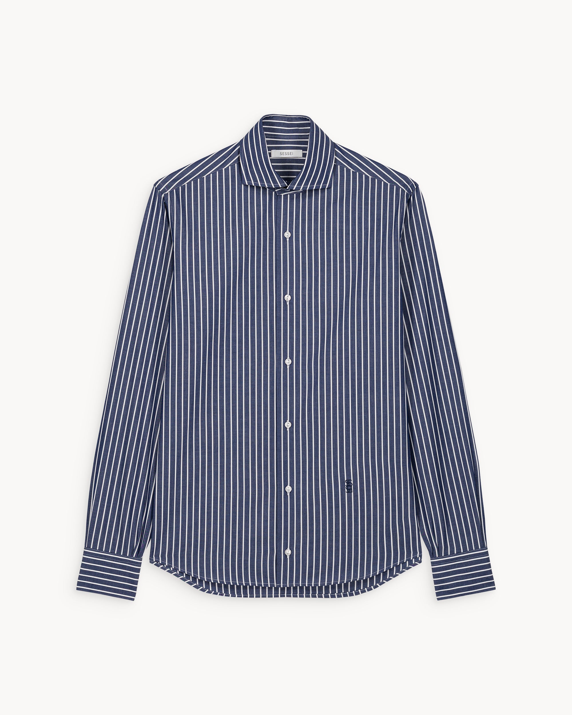  Chemise unisex en popeline de coton à rayure bleu marine Leo