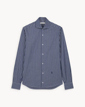 Charger l&#39;image dans la galerie, Chemise unisex en popeline de coton à rayure bleu marine Leo
