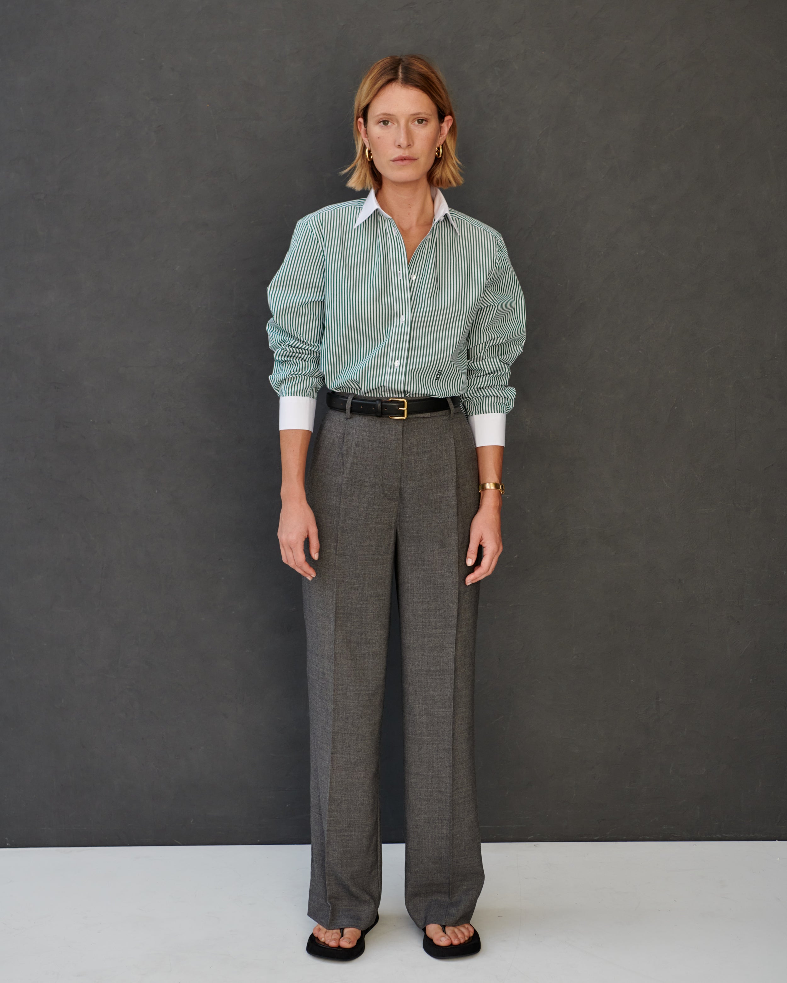 Chemise boyfriend en popeline de coton à rayures vertes