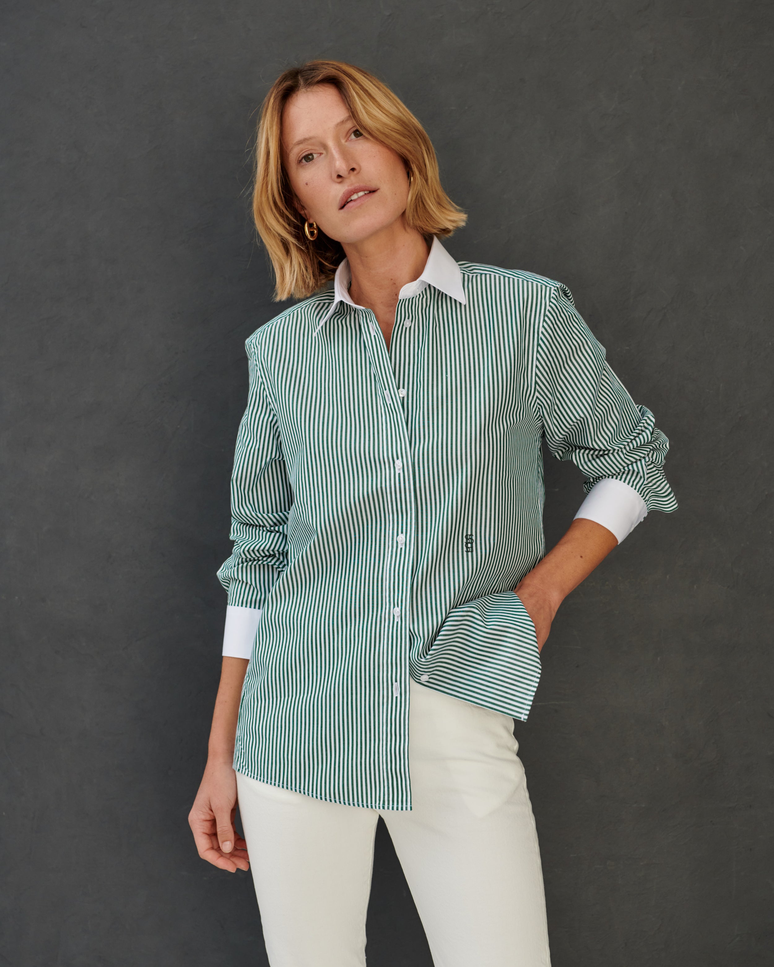 Chemise boyfriend en popeline de coton à rayures vertes