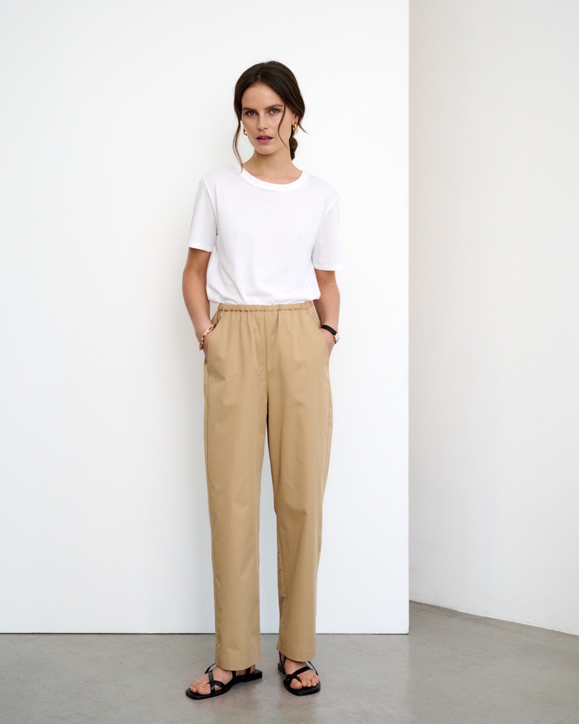 Pantalon en popeline de coton beige Andrea
