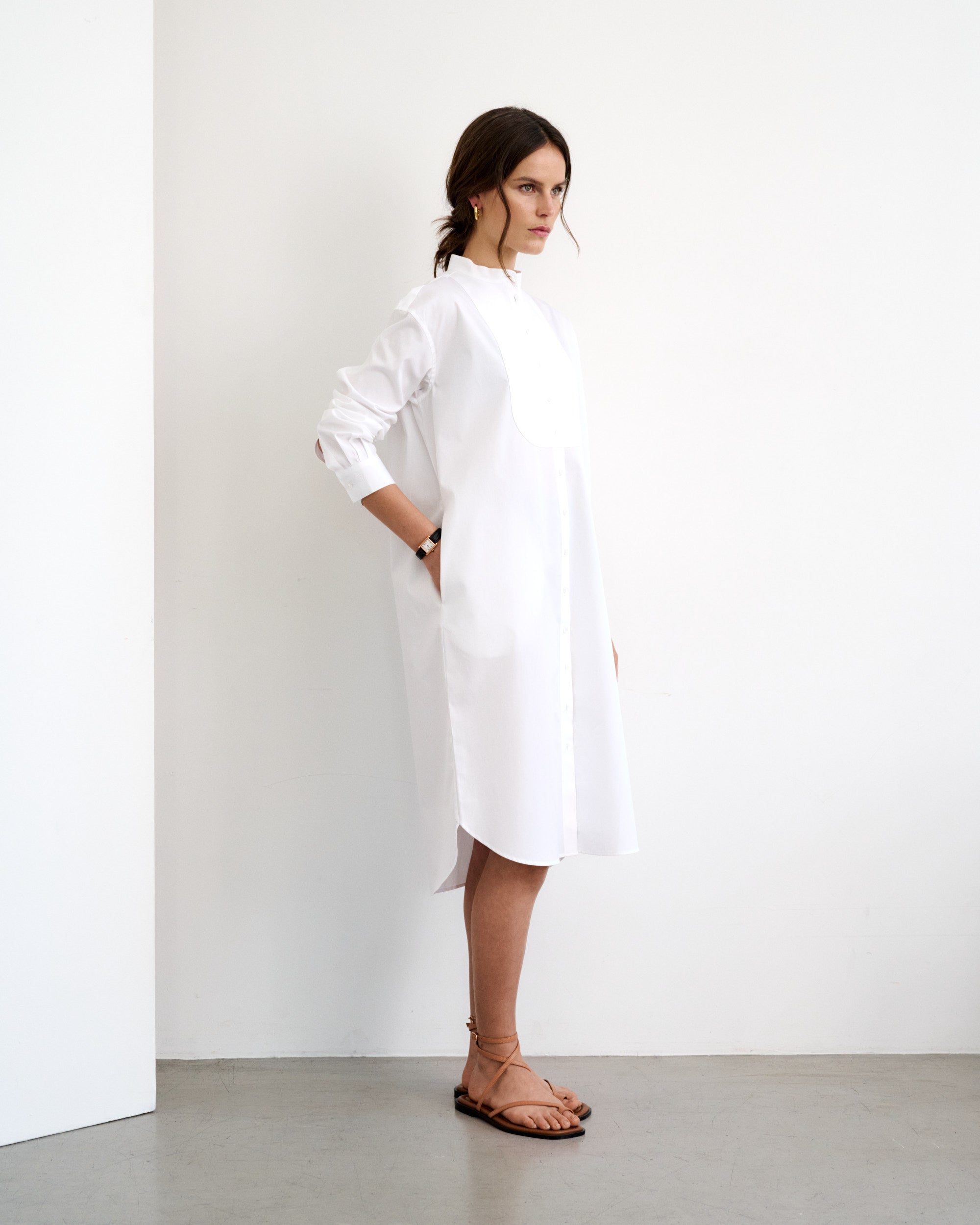Chloe White Cotton Poplin Shirt Dress with Bib 