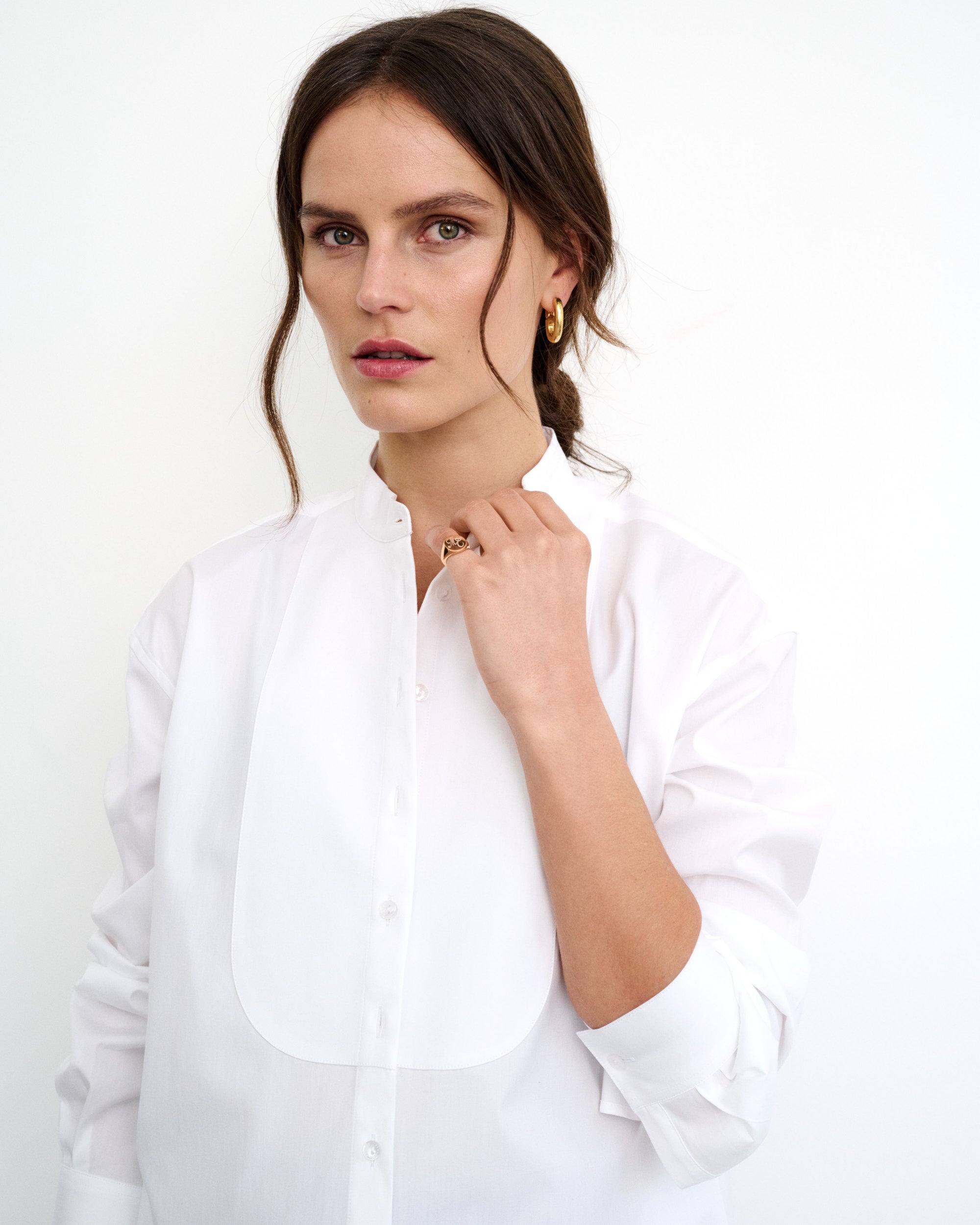 Chloe White Cotton Poplin Shirt Dress with Bib 