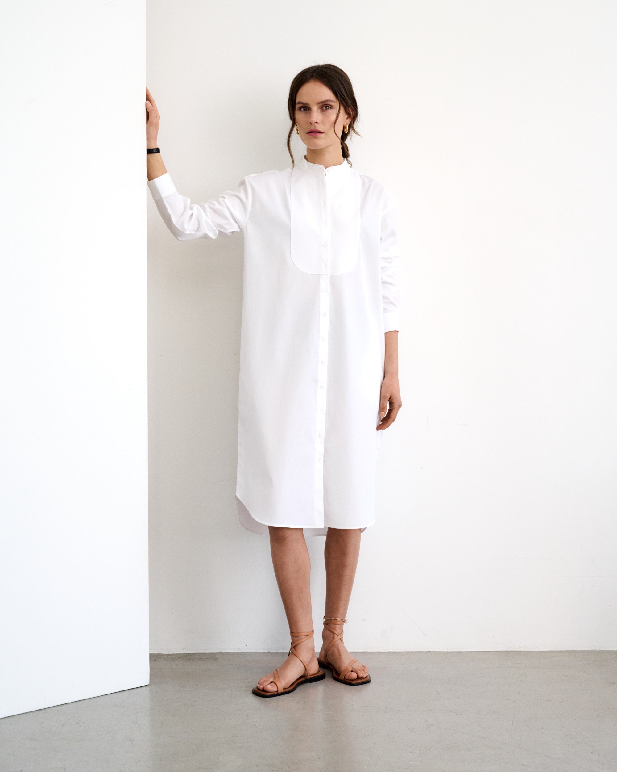 Chloe White Cotton Poplin Shirt Dress with Bib 