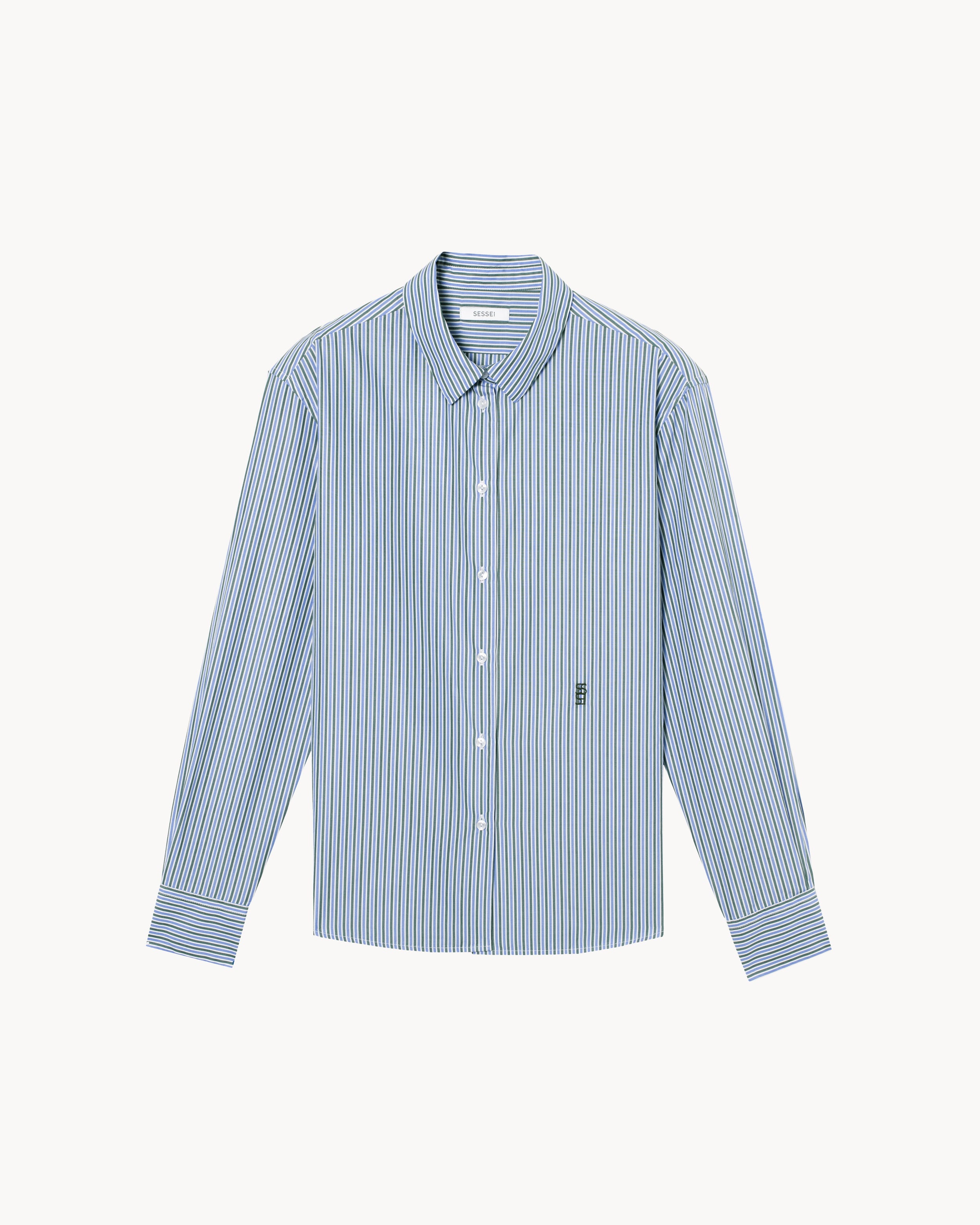 Chemise en popeline de coton à rayures vertes et bleues