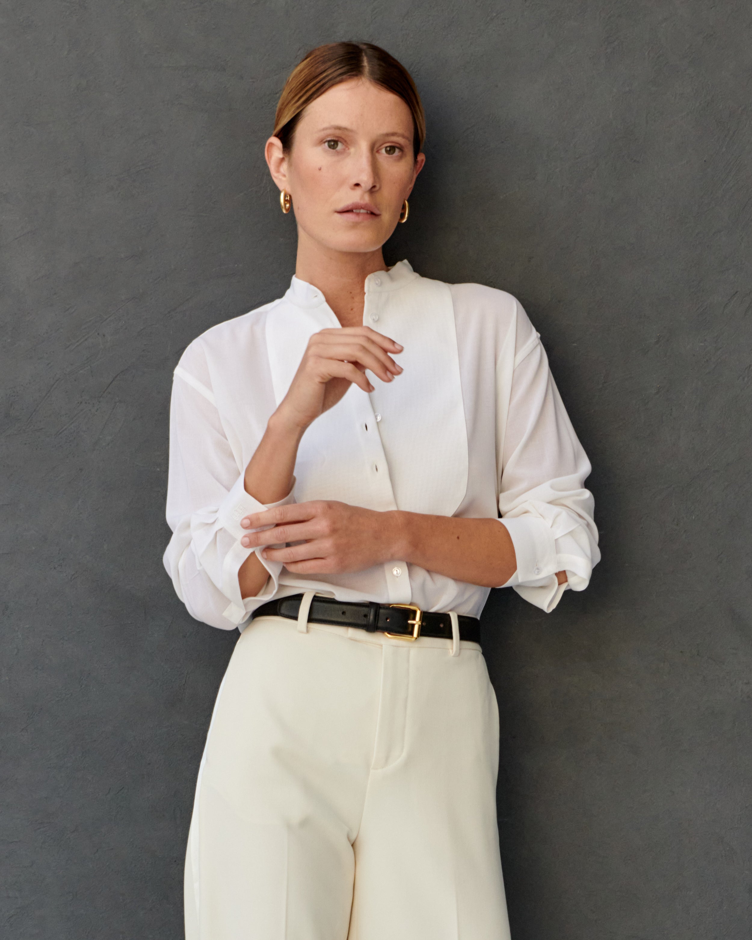 Chemise en gaze de laine ivoire à plastron