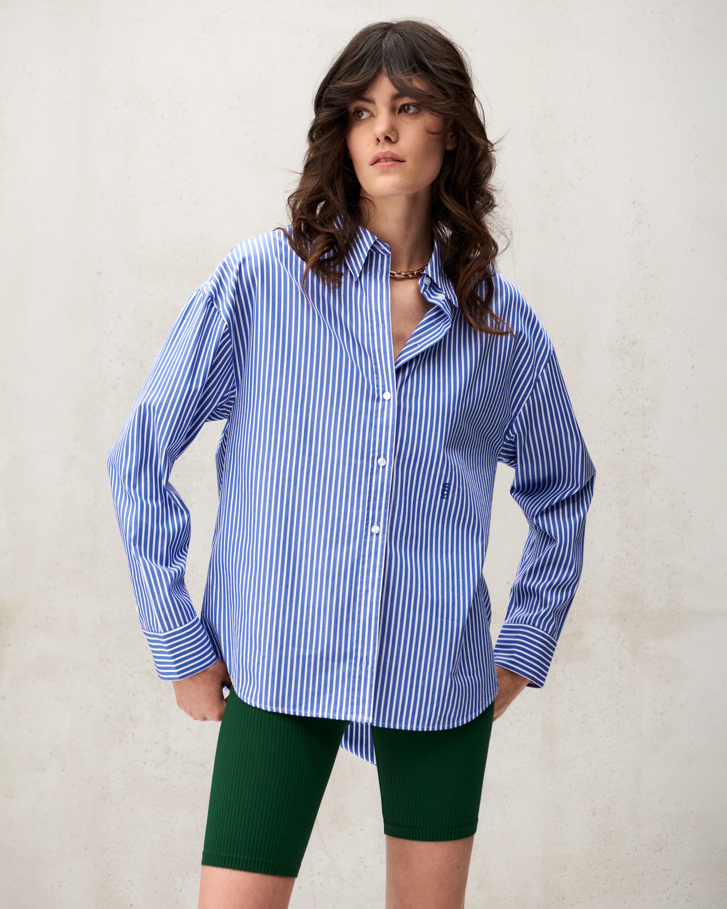 Chemise oversize en popeline de coton à rayures bleu marine