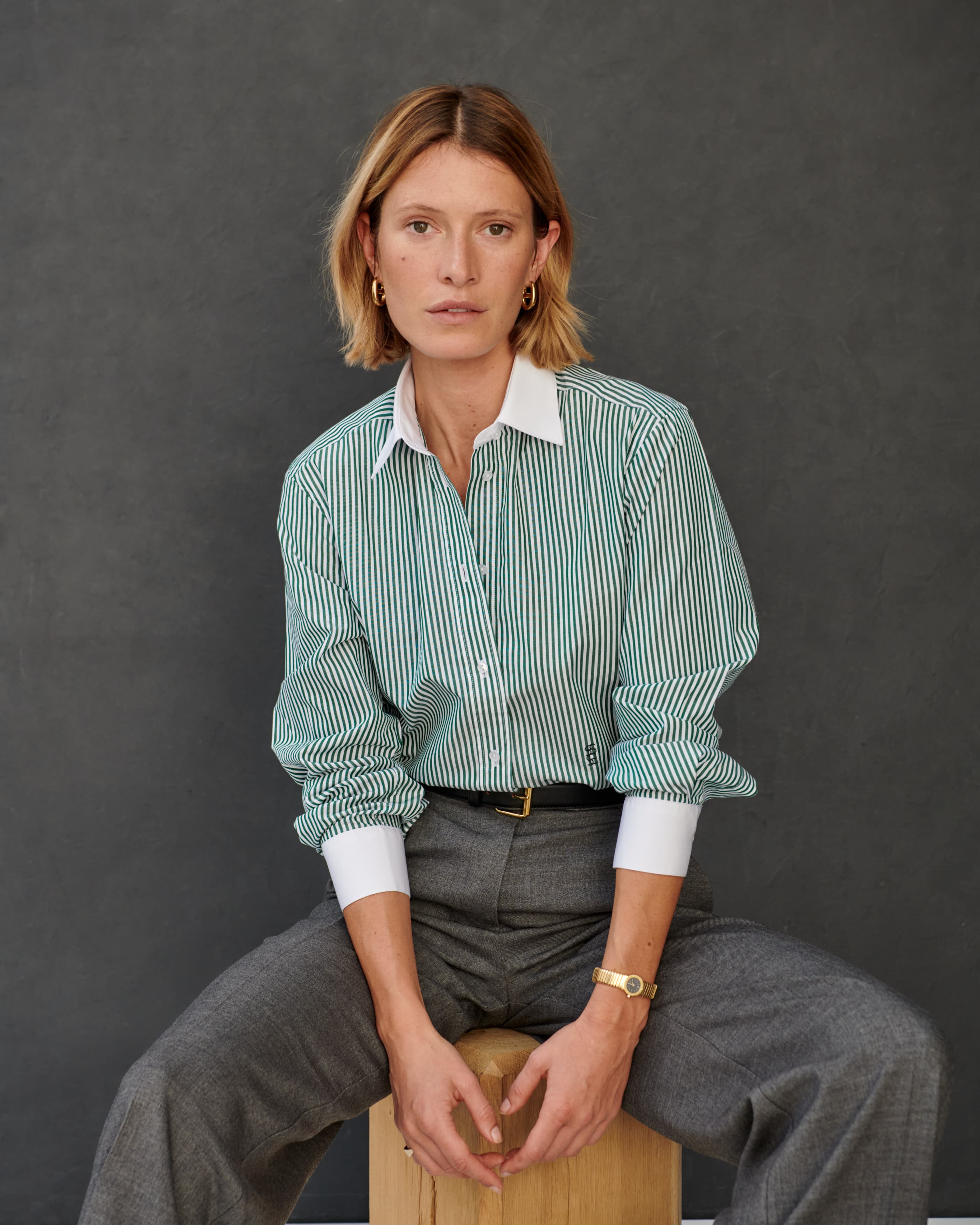 Chemise en popeline de coton à rayures vertes Monica