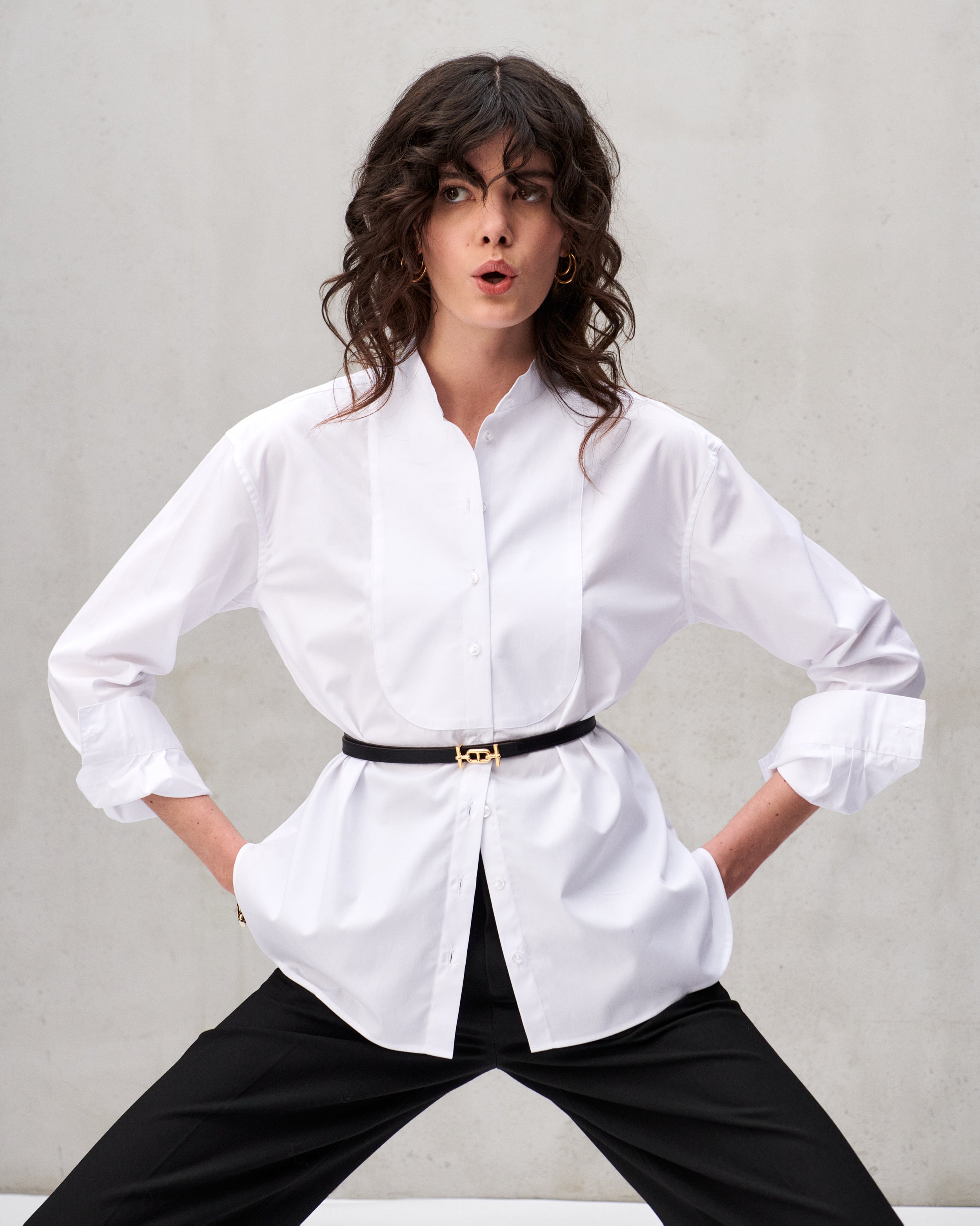 Chemise en popeline de coton blanche à plastron