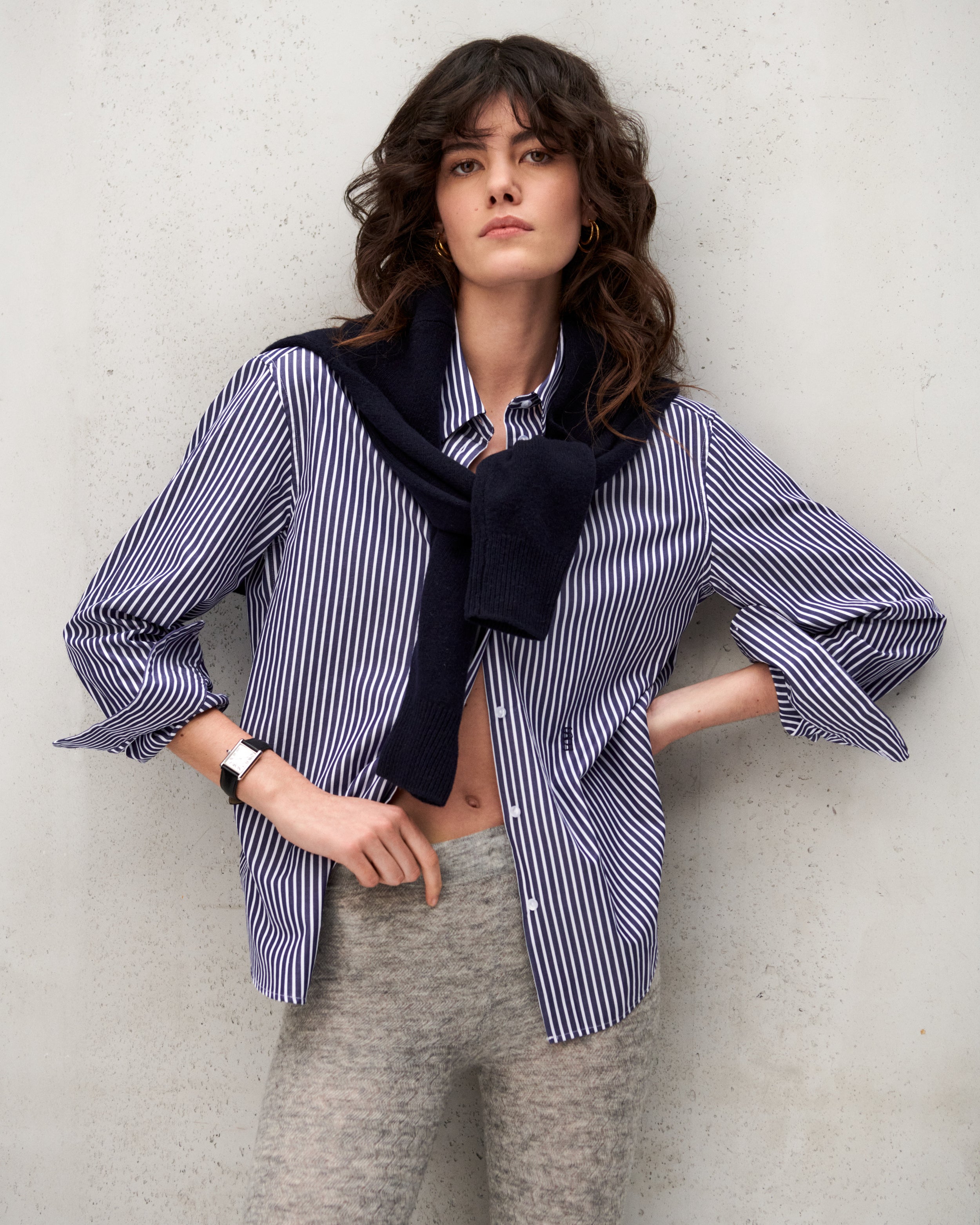 Chemise en popeline de coton à rayures bleu marine