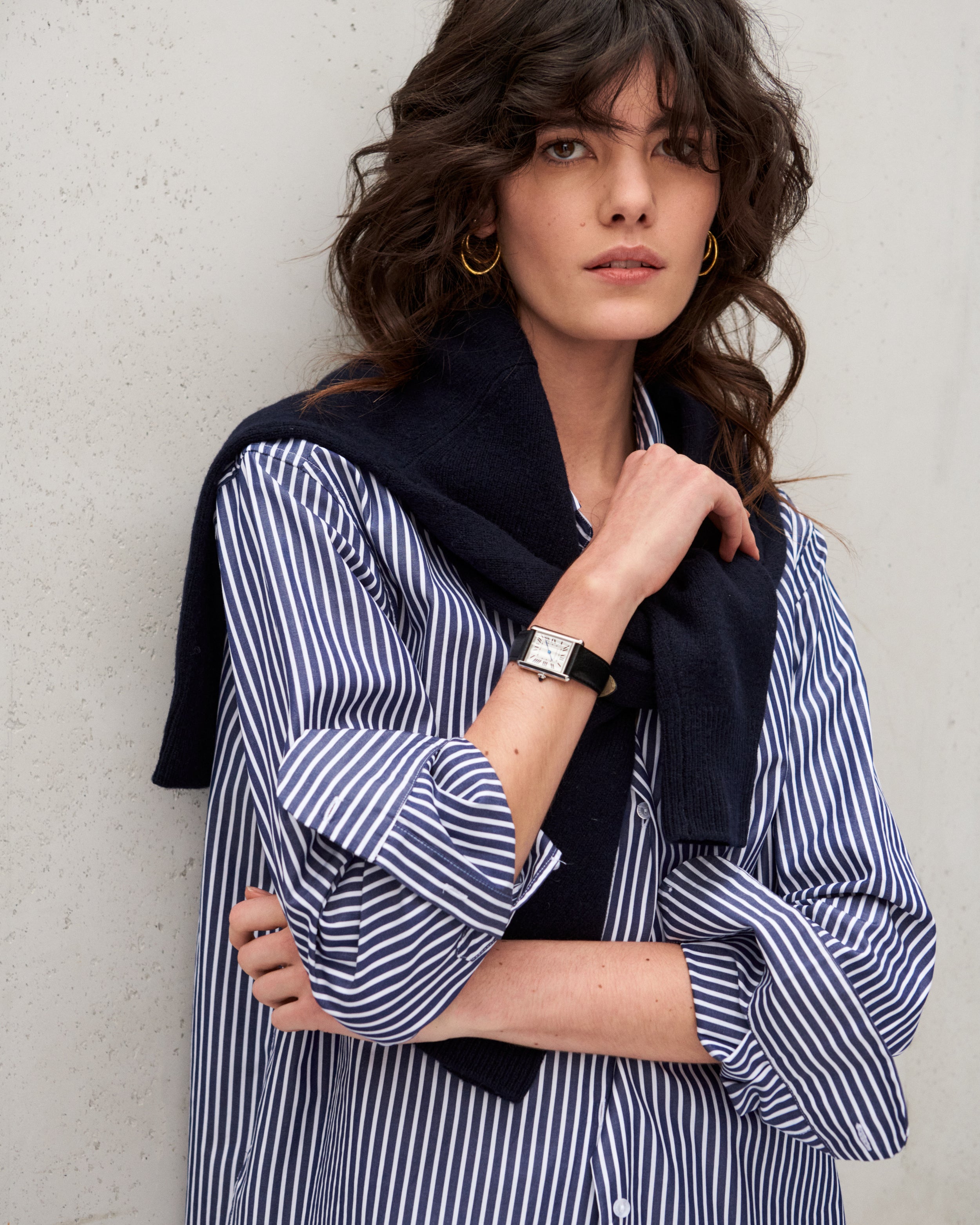 Chemise en popeline de coton à rayures bleu marine