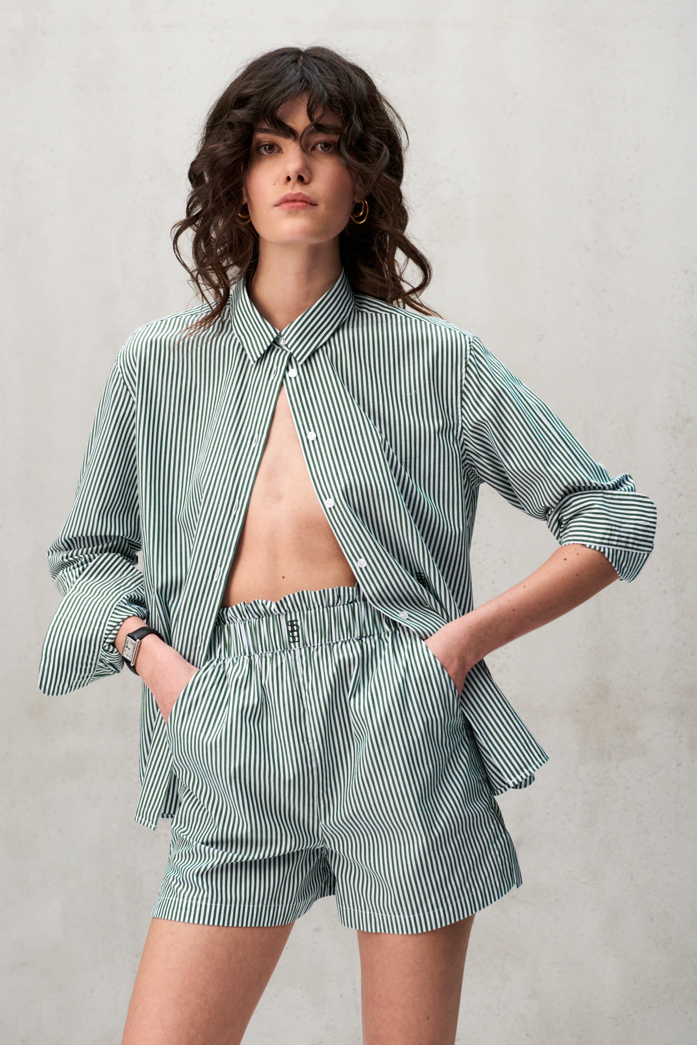 Set chemise et short en popeline de coton à rayures vertes SESSEI