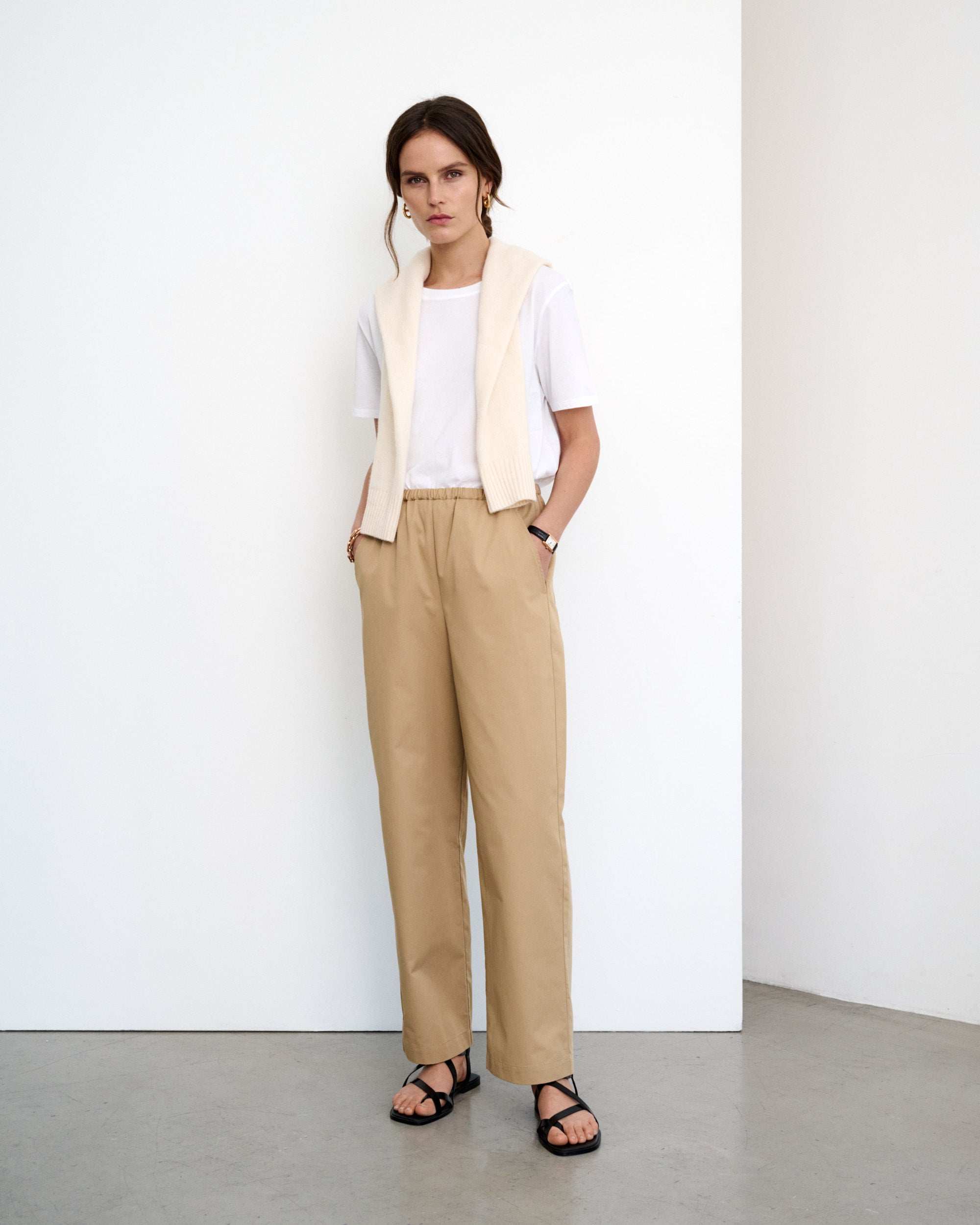 Pantalon en popeline de coton beige Andrea