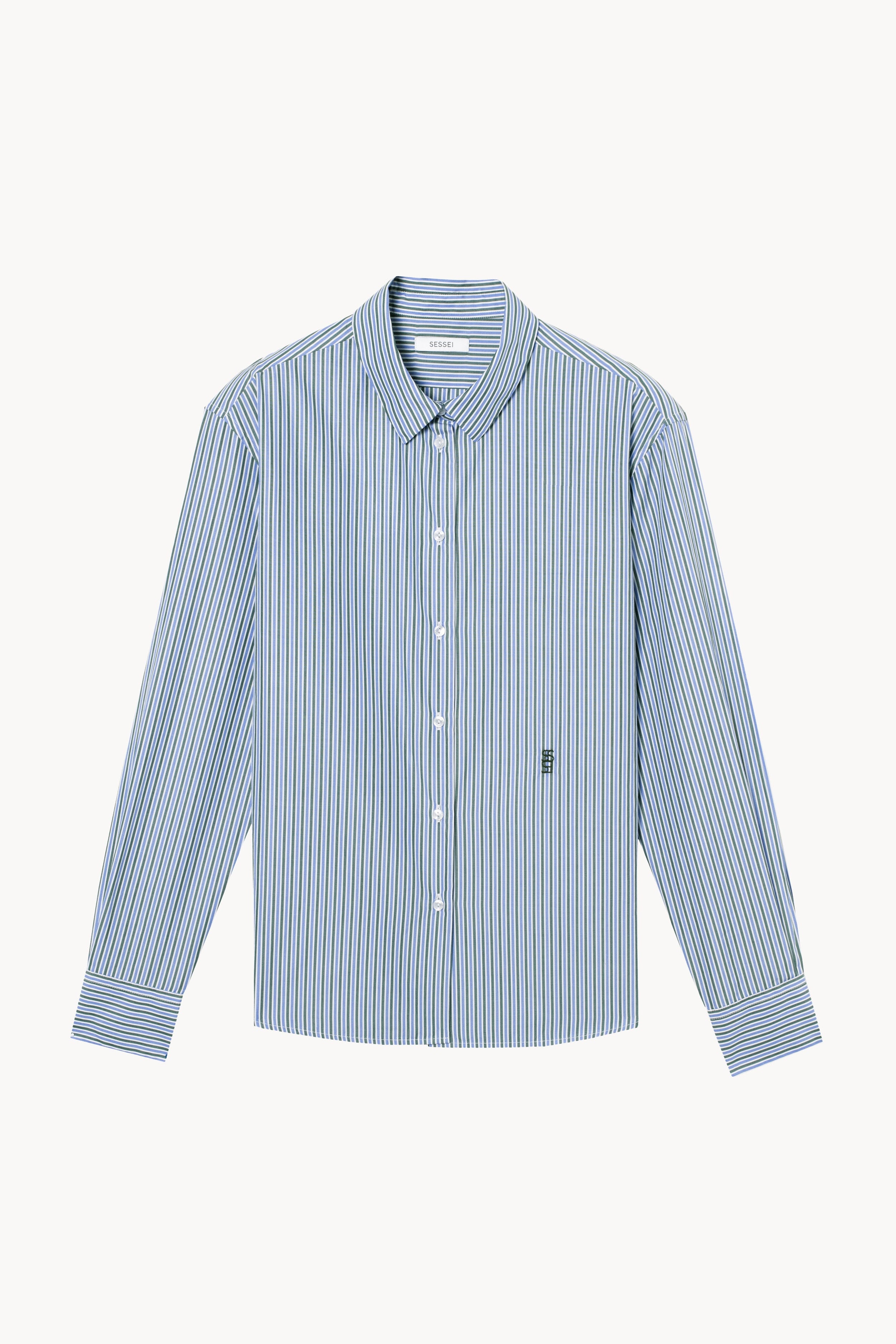 Chemise en popeline de coton à rayures vertes et bleues